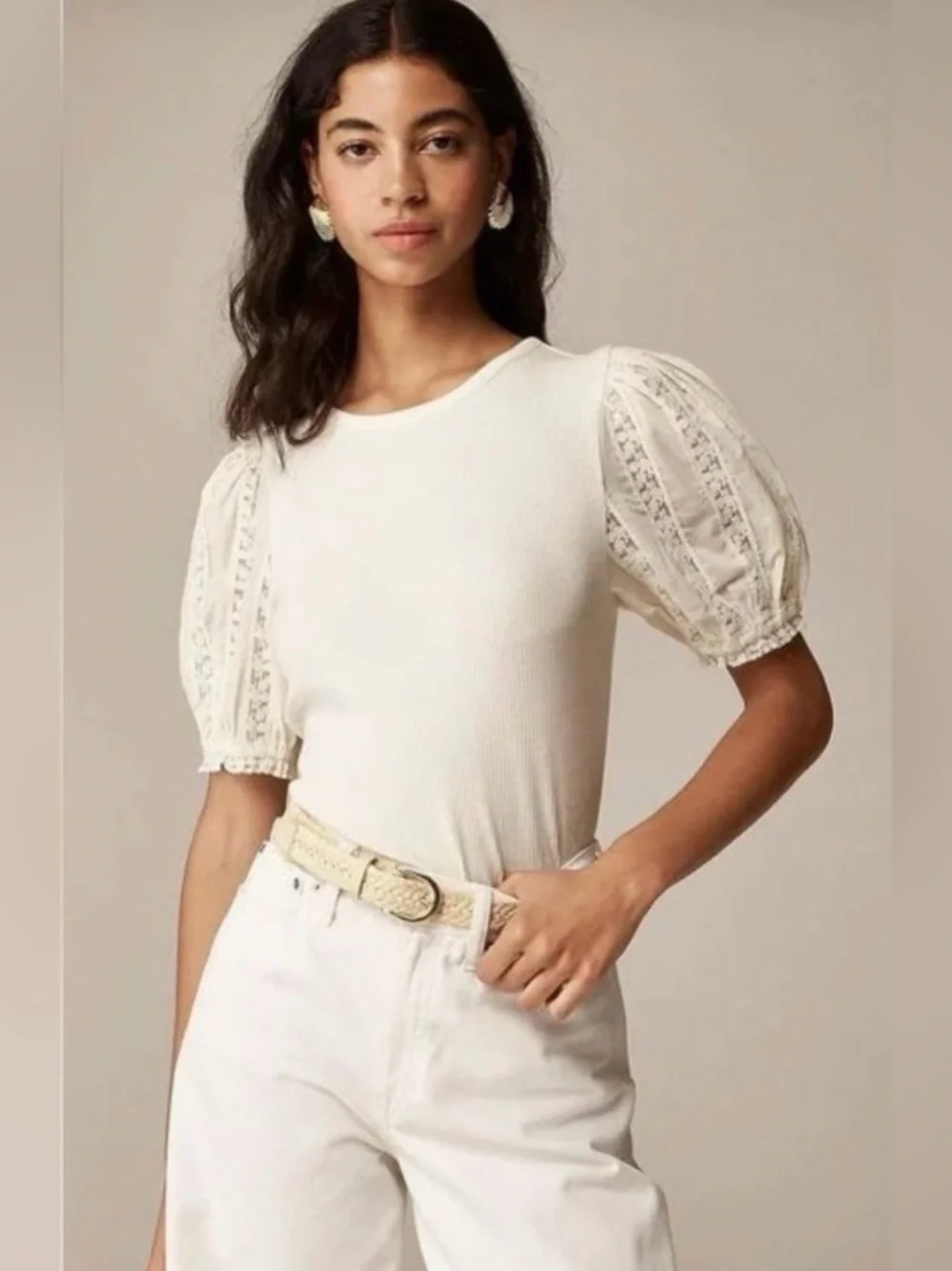 J. Crew Vintage Rib Top with Lace Puff Sleeves in Natural